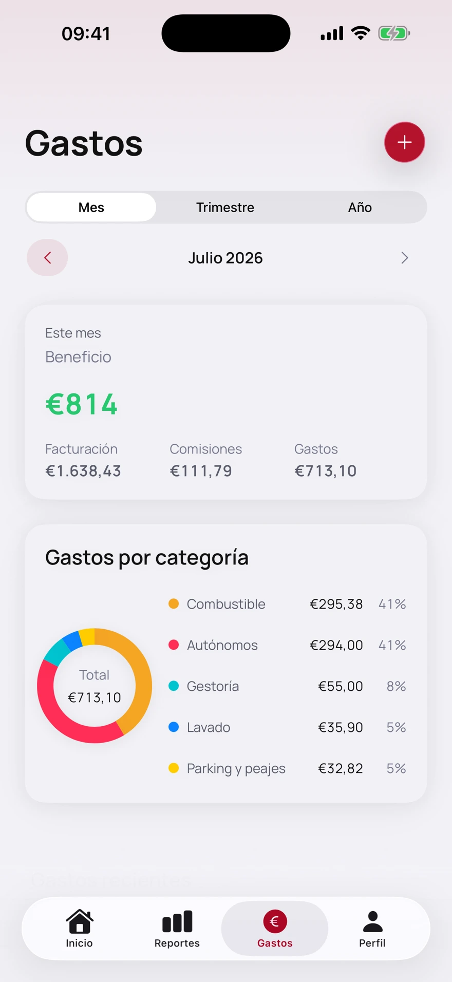 Pantalla de gastos con el beneficio y las categorías en un iPhone