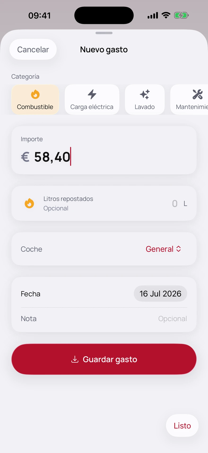 Pantalla de nuevo gasto con sus categorías en un iPhone