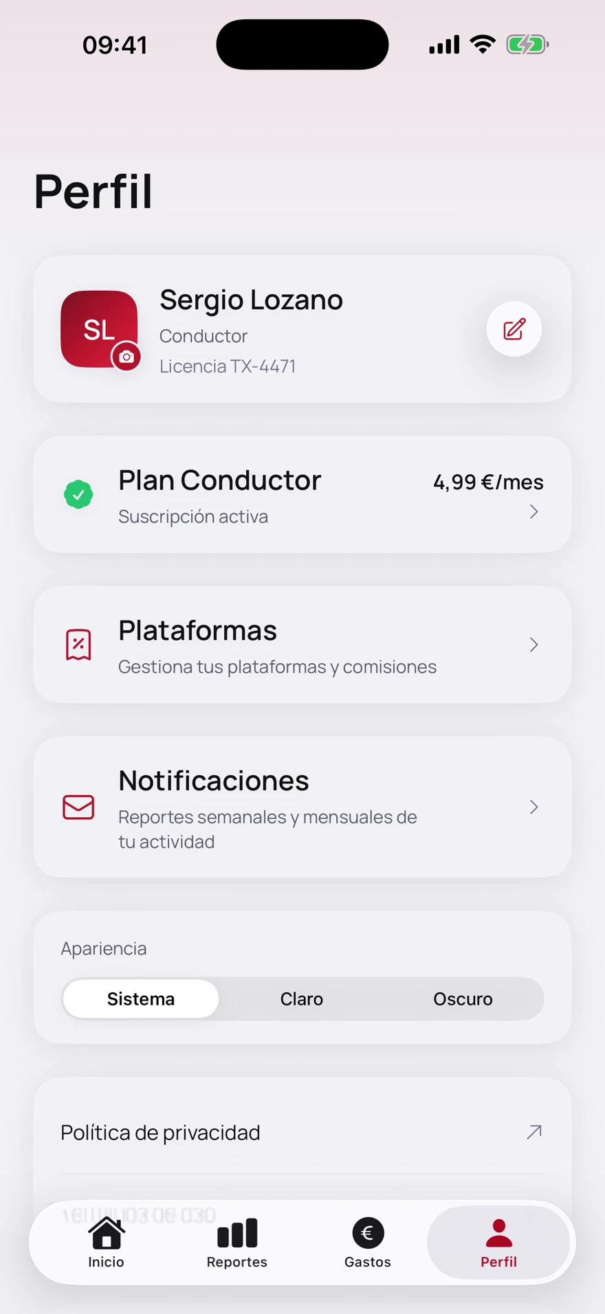 Pantalla de perfil con el plan y las plataformas en un iPhone
